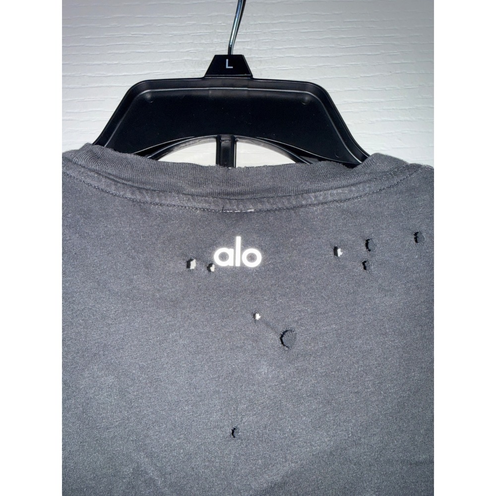 Alo Yoga Distressed Short Sleeve T-Shirt Charcoal Gray Cotton Hole Tee Small - Picture 5 of 5